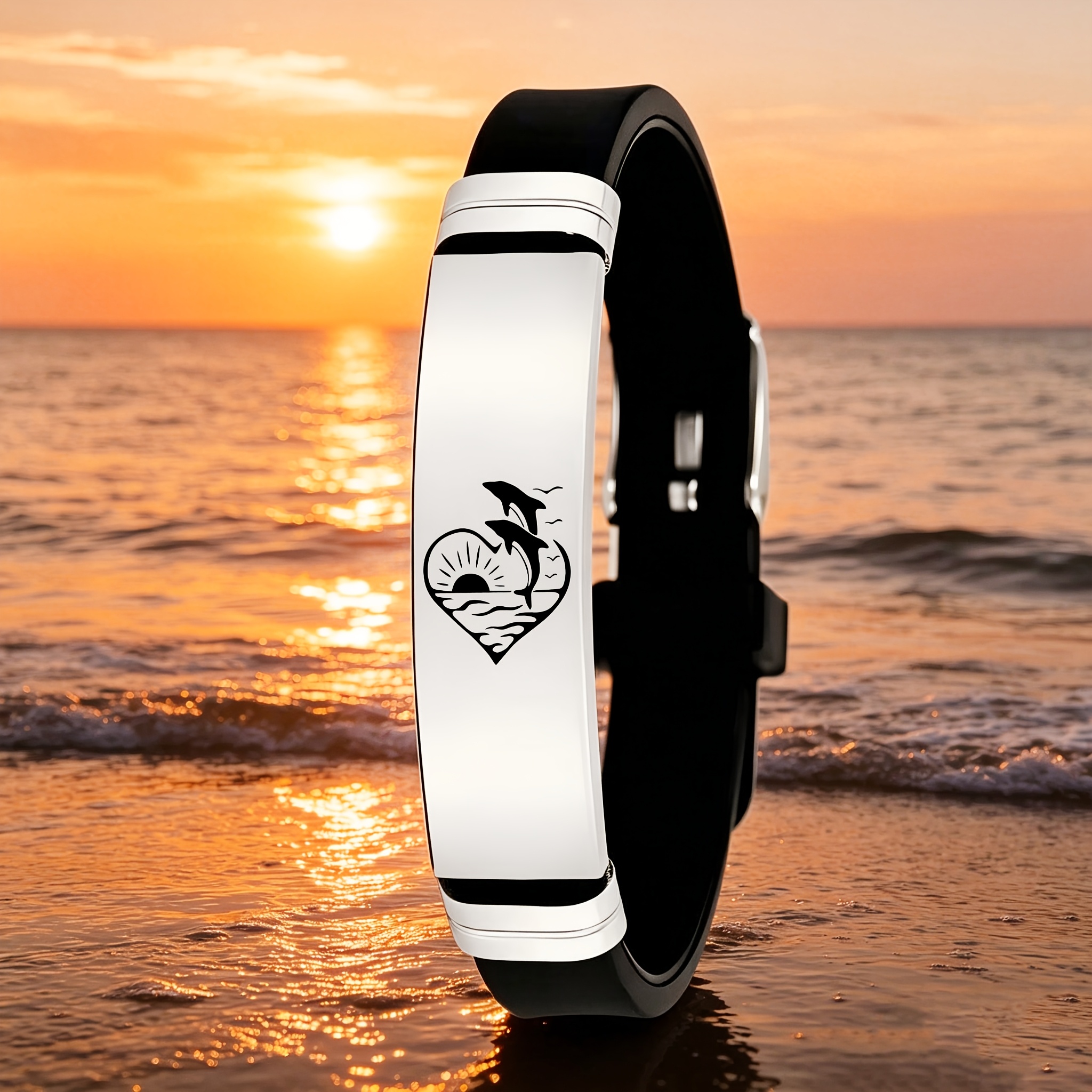 Heart-Shaped Dolphin Sunset Stainless Steel Bracelet